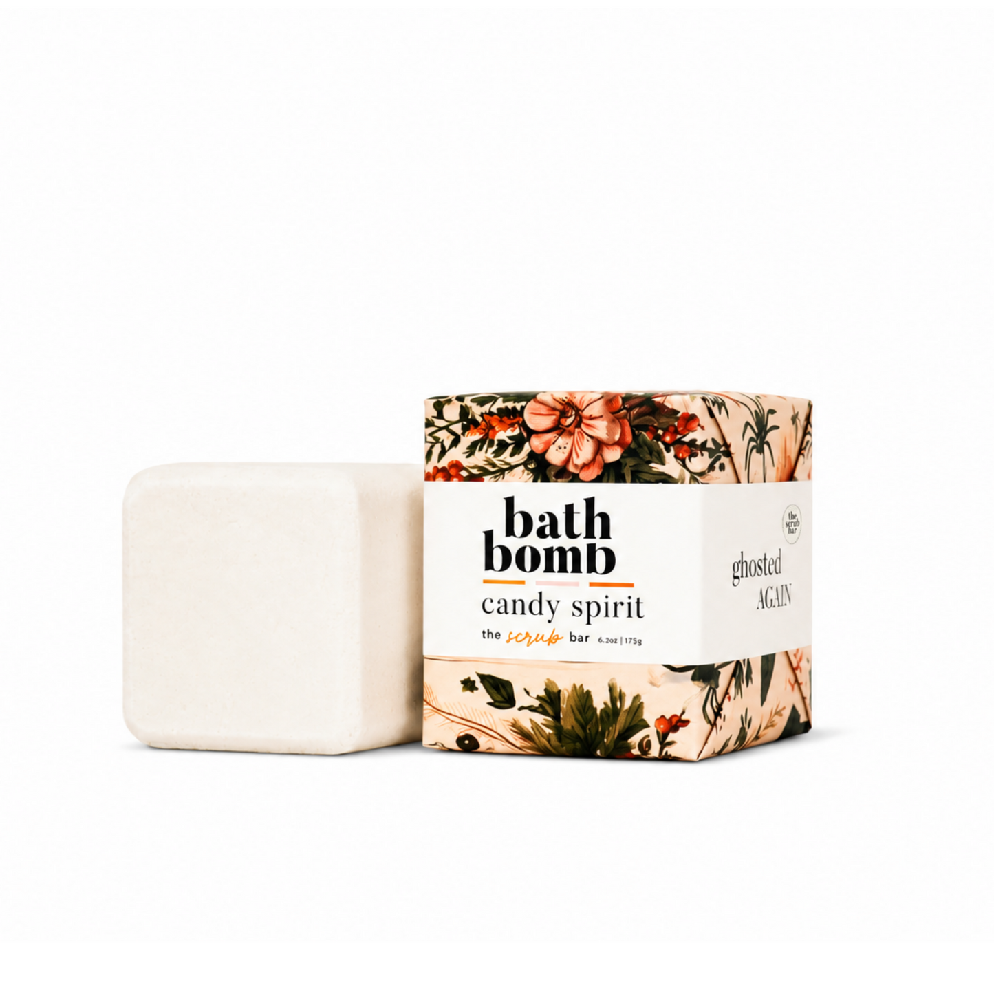 Candy Spirit Halloween bath bomb beside seasonal gift-ready packaging from The Scrub Bar