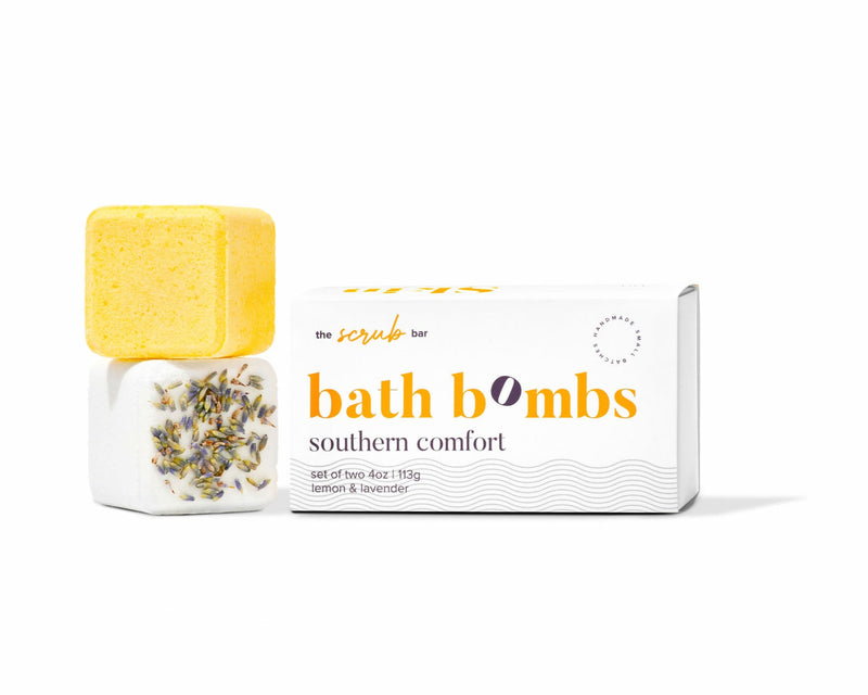 Southern bathtub bombs featuring lemon and lavender, ideal bath gift set and bathbomb experience by The Scrub Bar.