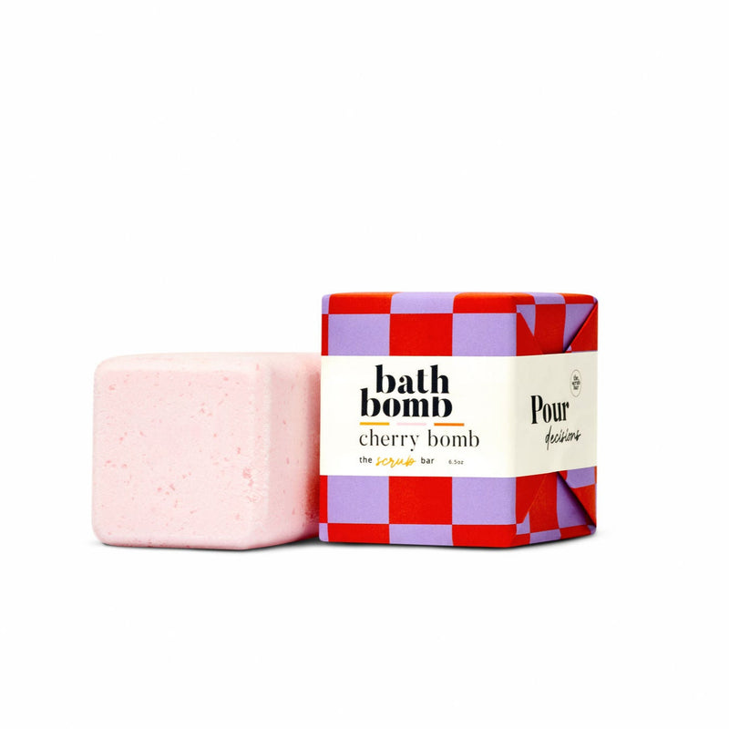 Pour Decisions cherry scented fizzy bath bomb, perfect bubble bath bombs and spa gifts for women by The Scrub Bar
