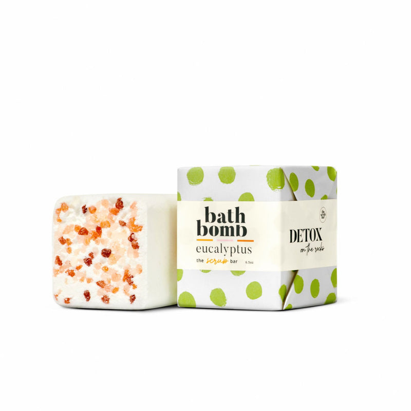 Detox eucalyptus bath bomb with Epsom salt for an invigorating detox bath and soothing bubble bath experience by The Scrub Bar.